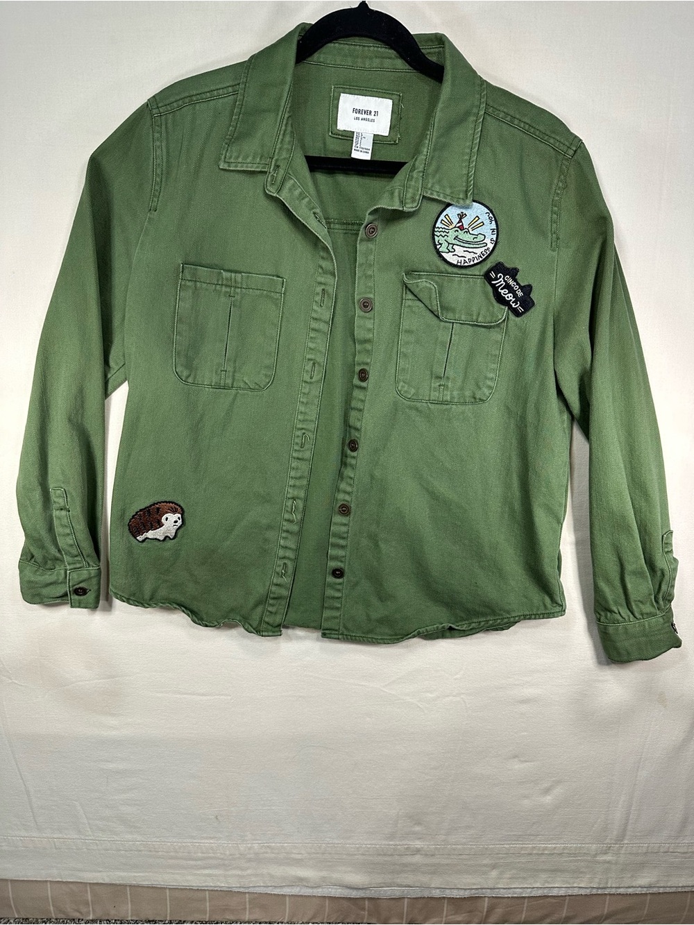 Forever 21 Olive Green Cargo Utility Patch Shacket Shirt Jacket Size L Cotton